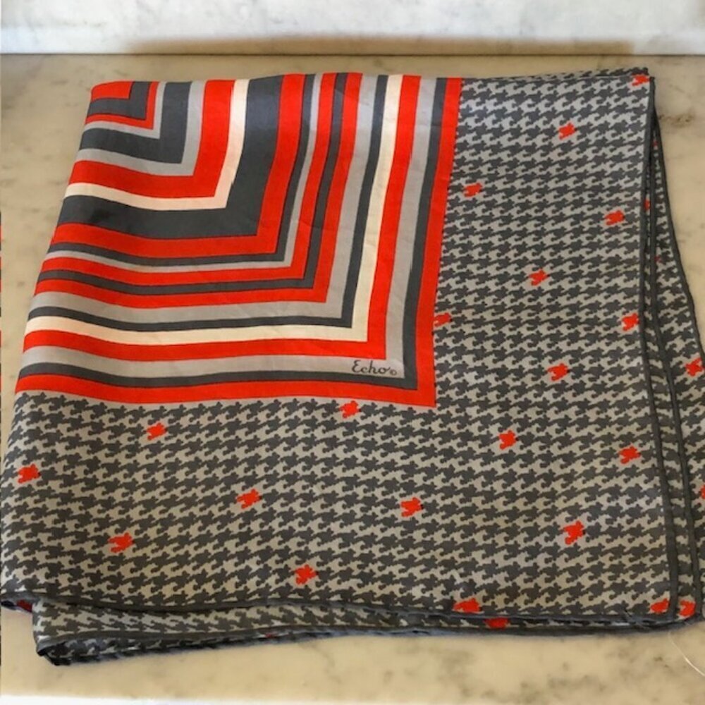 ECHO Silk Gray Red Square Scarf Vintage
